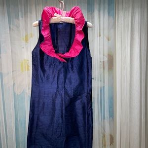 Devon Baer Navy Silk Ruffle Neck Dress